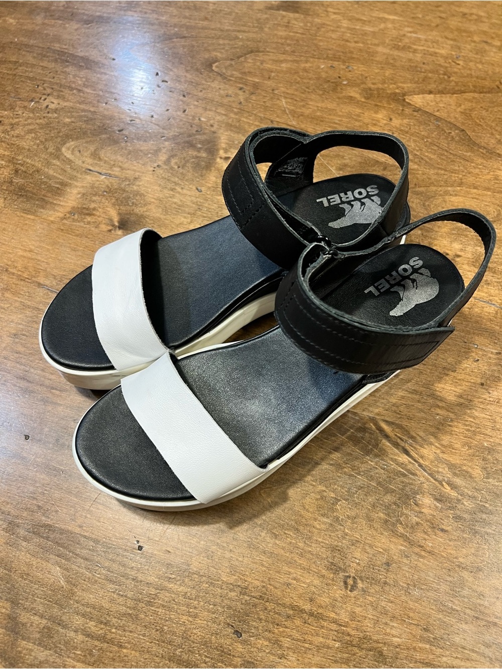 SOREL Black and White Platform Sandals with Ankle Strap